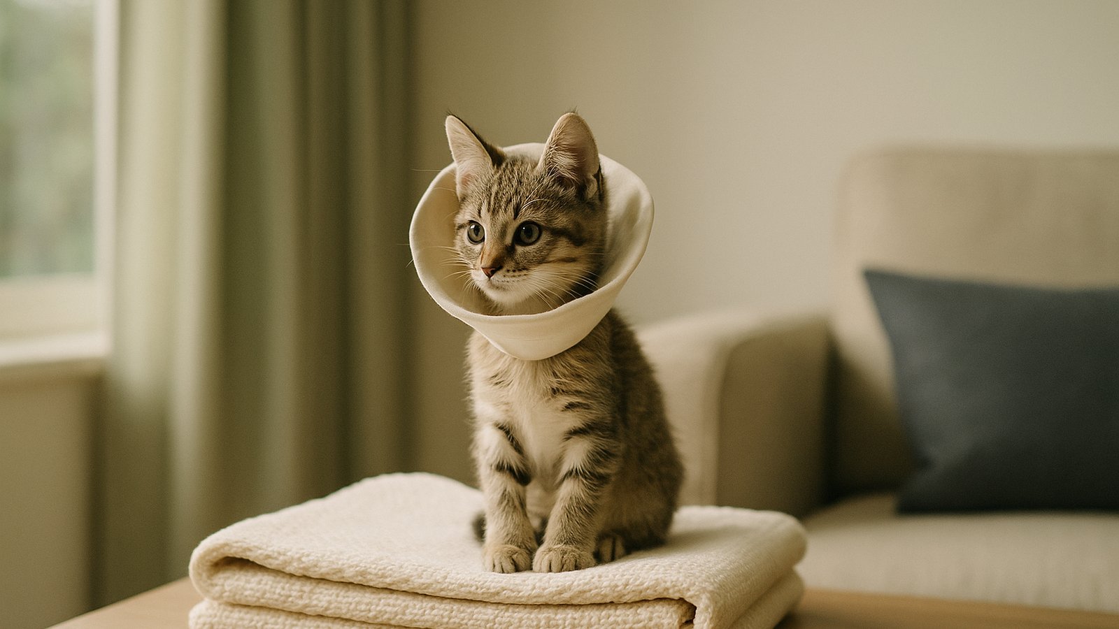 A small kitten wearing a soft white fabric recovery cone, sitting alert on a folded blanket