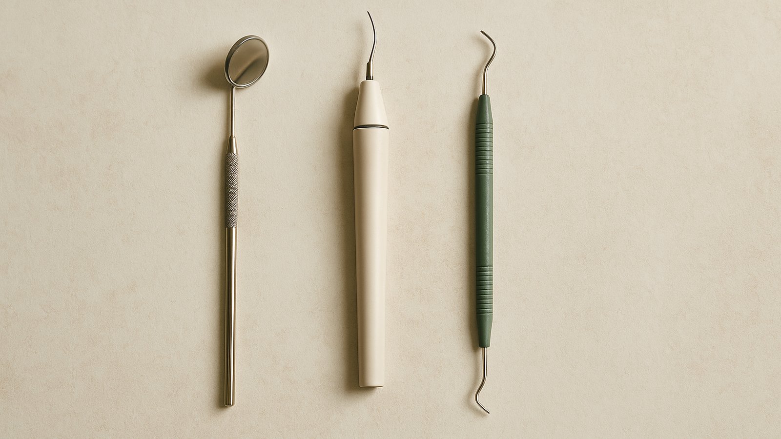 Veterinary dental cleaning tools on a textured pale surface — a dental mirror, a scaler tip, a curette