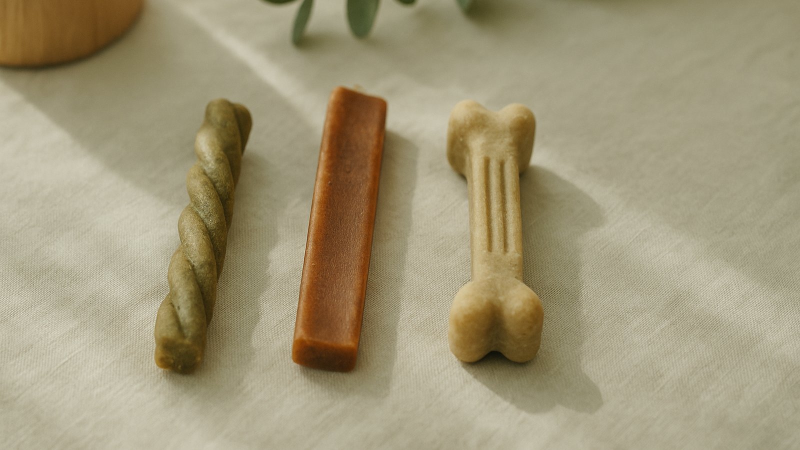 A flat-lay of three different dental chews on a textured warm white surface