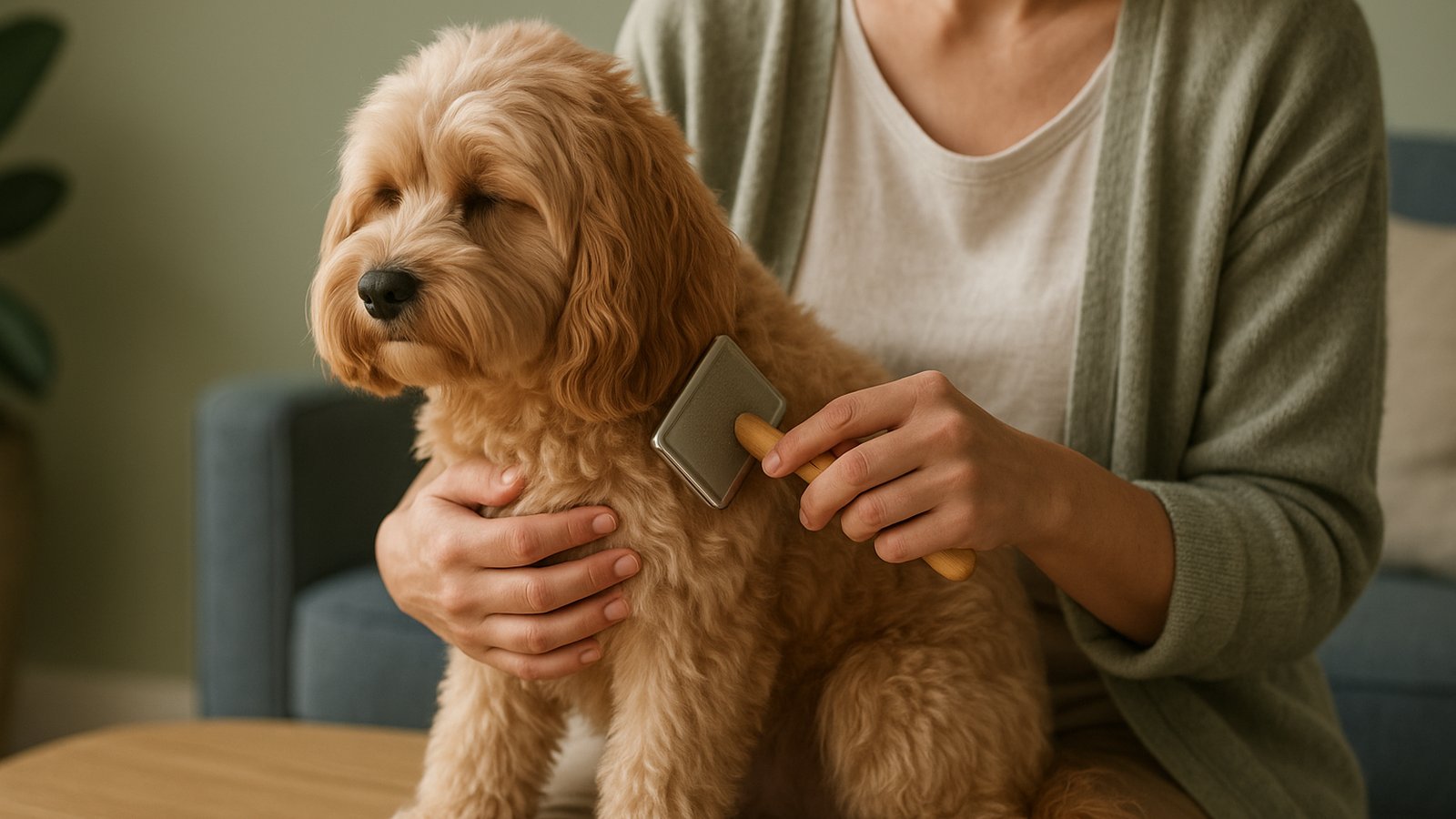 A calm Cavoodle being gently brushed with a slicker brush, the groomer's hands in focus