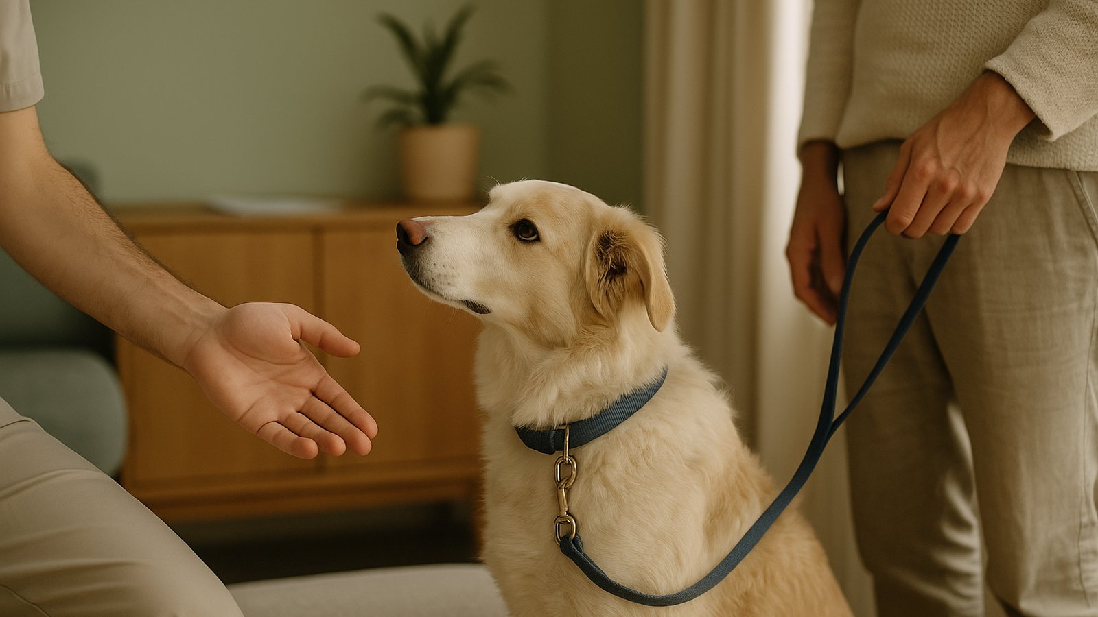 A vet's hand gently introducing themselves to a calm dog at the start of a consultation