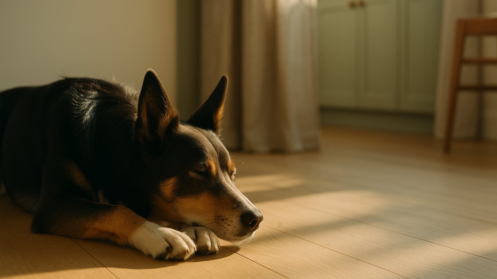 An Australian Kelpie lying calmly in late-afternoon sunlight on a warm timber floor