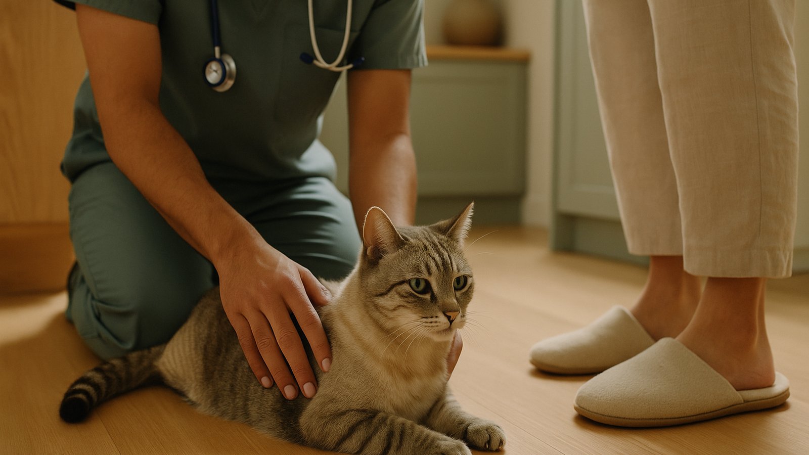 A vet's hands kneeling on a kitchen floor gently examining a calm cat