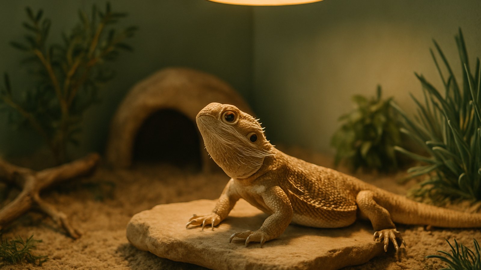 A healthy bearded dragon basking on a flat rock in a well-arranged terrarium