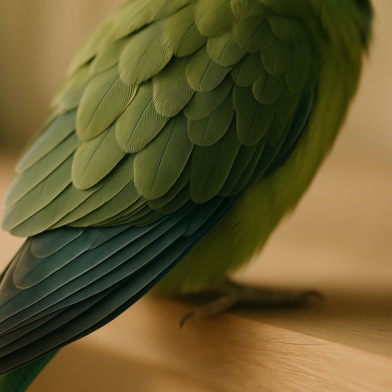 A macro photograph of a parrot's wing feathers showing colour and structure