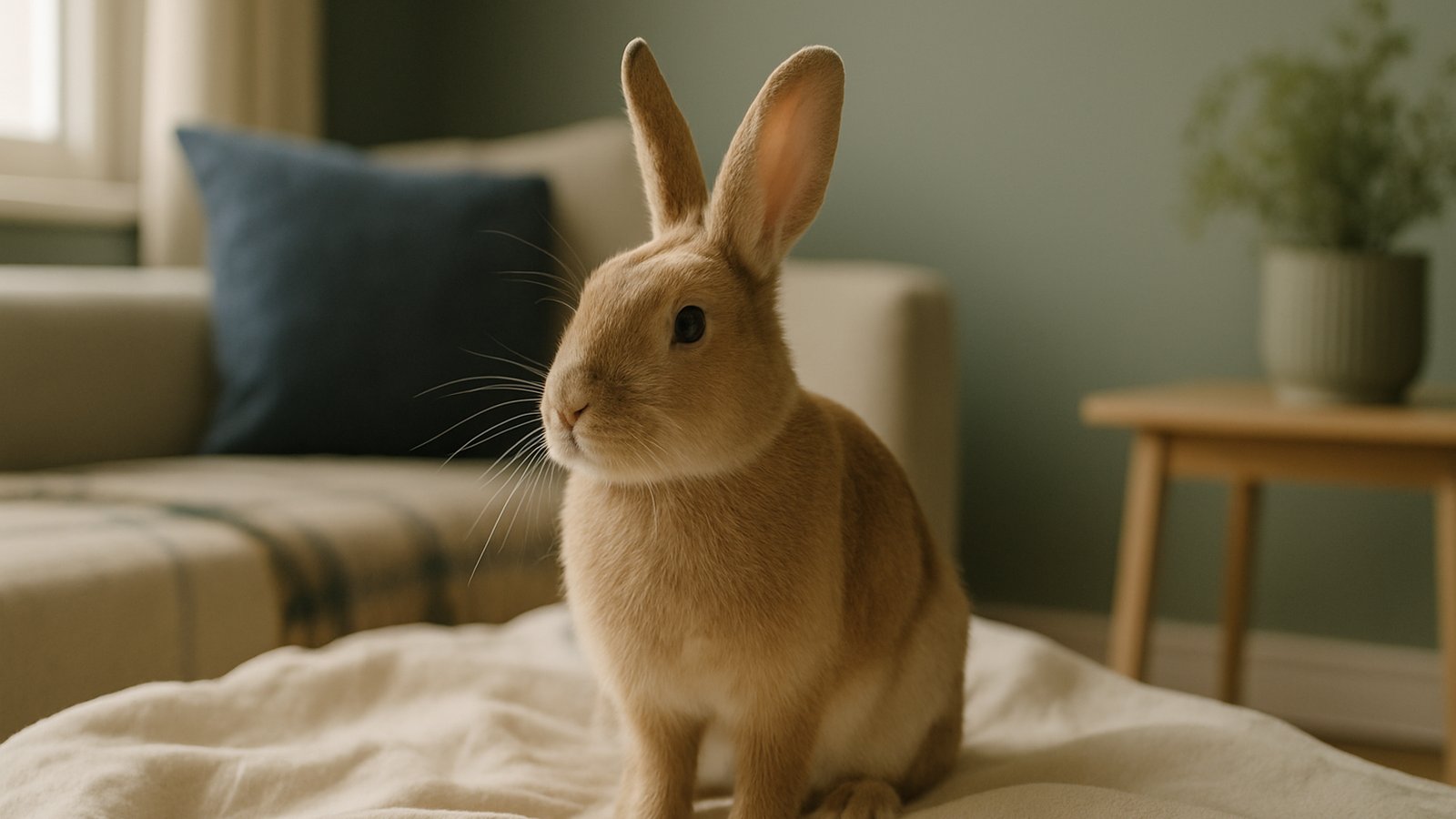 A calm domestic rabbit on a soft cream blanket with alert ears