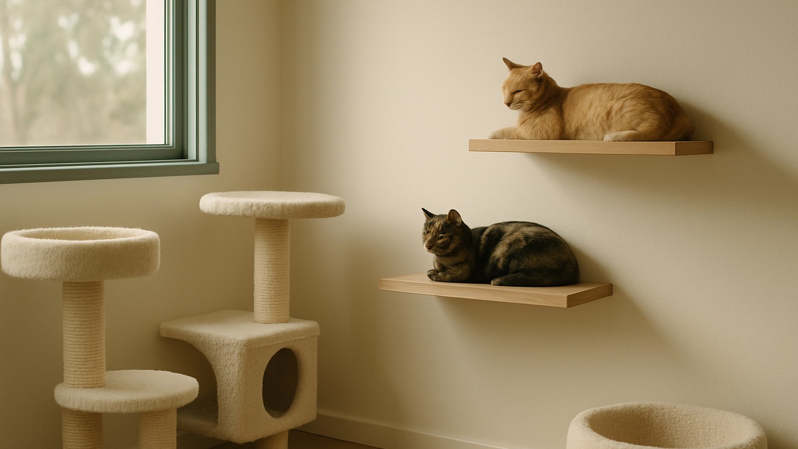 A clean cat rescue space with cat trees, soft cream walls, and two cats lounging on shelves