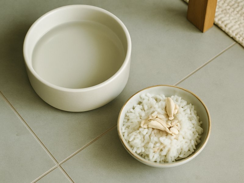 A clean white ceramic water bowl beside a small dish of plain rice and chicken