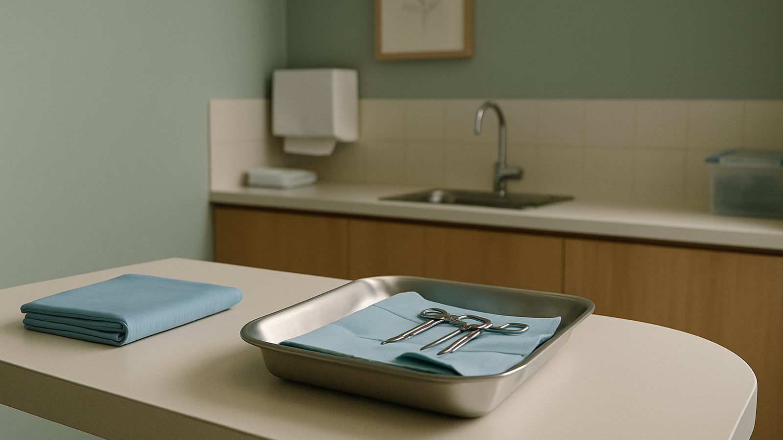 An organised veterinary surgical preparation area: a folded sterile drape, a tray with covered instruments