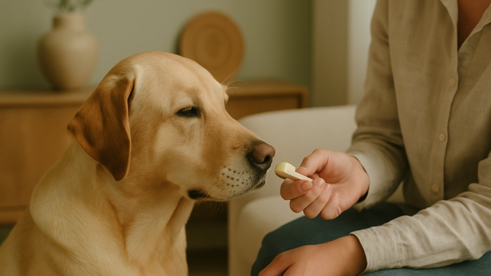 A hand holding a soft pet toothbrush near a calm dog's relaxed face