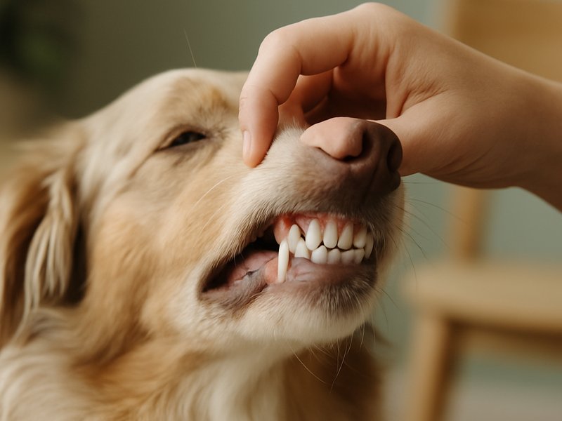 A macro photograph of a hand gently lifting a dog's lip to reveal clean healthy teeth and pink gums