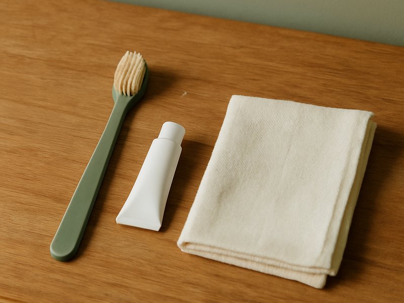 A flat-lay of a soft pet toothbrush, a tube of pet toothpaste and a folded white cloth on a wooden surface