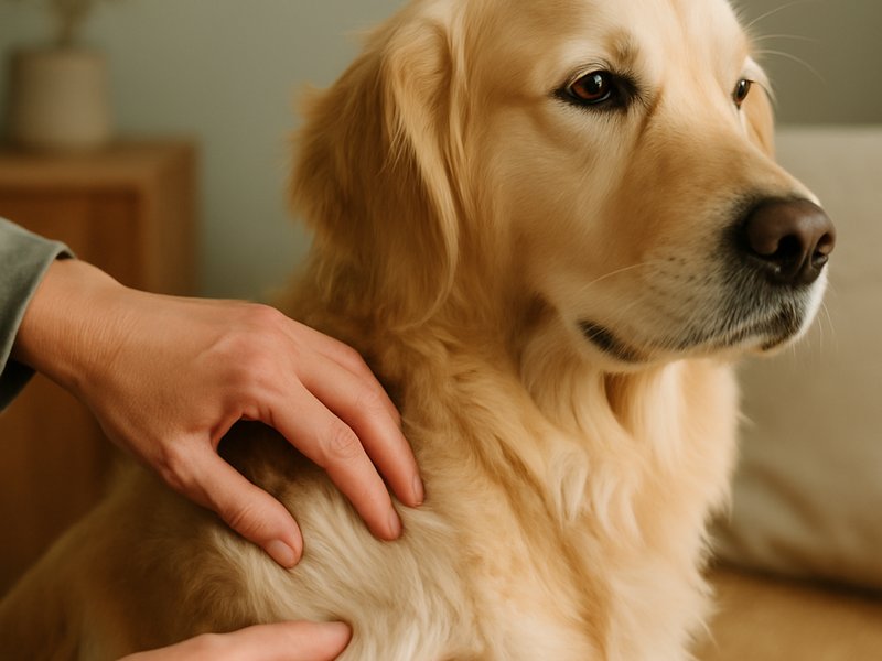 A Golden Retriever's coat being parted by a hand to show healthy undercoat