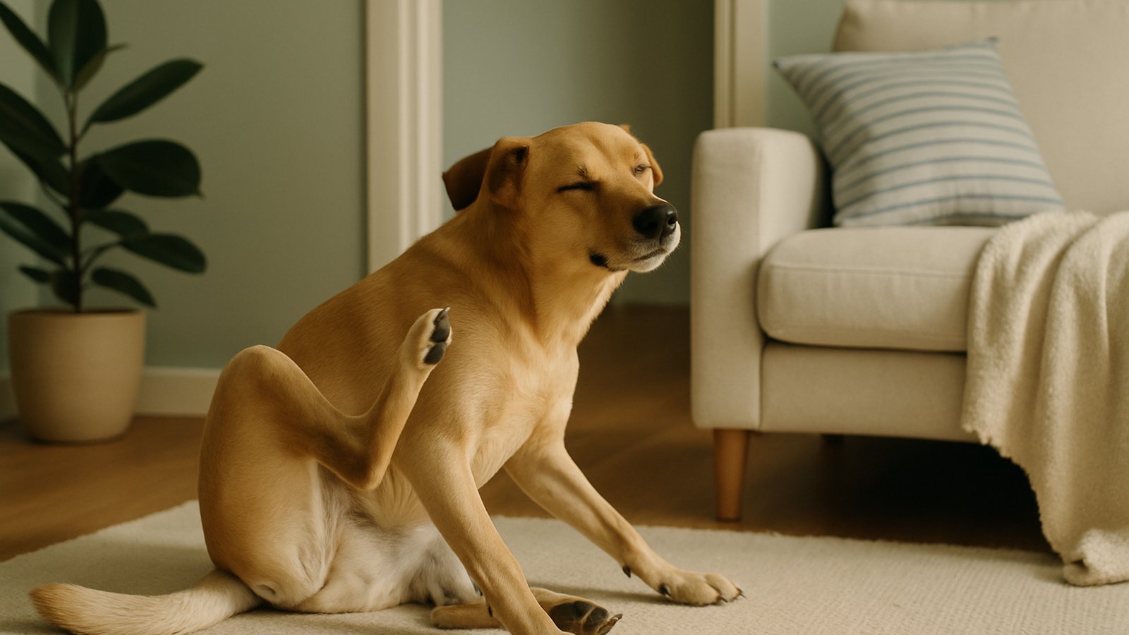 A dog scratching at its ear with a hind leg in a quiet domestic setting