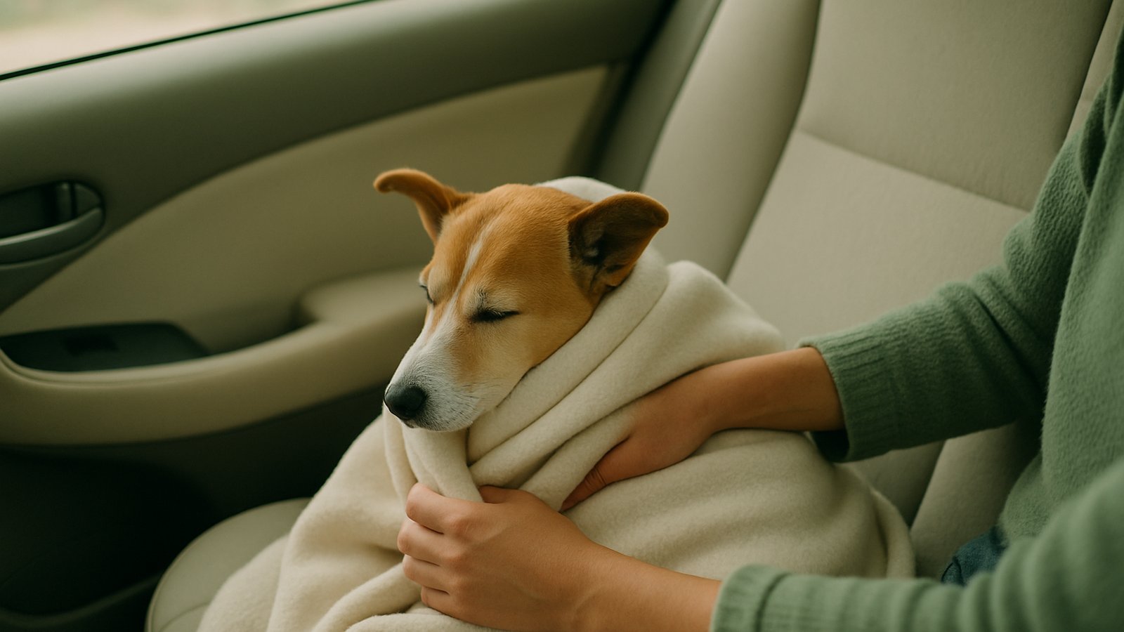 Owner's hands gently wrapping a small dog in a soft blanket on the back seat of a car