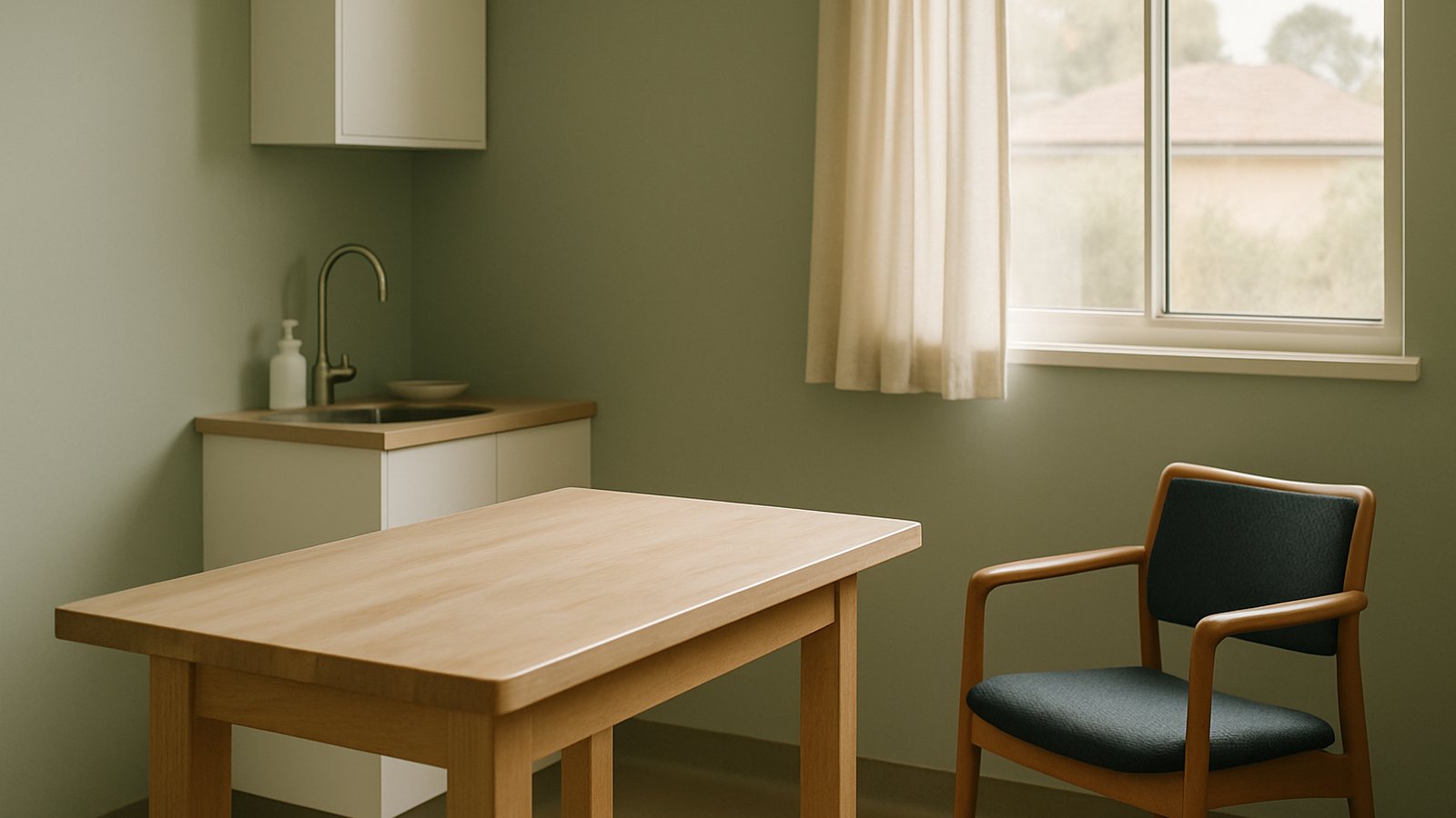 A calm modern vet exam room — a wooden exam table, a low chair for owners, soft window light