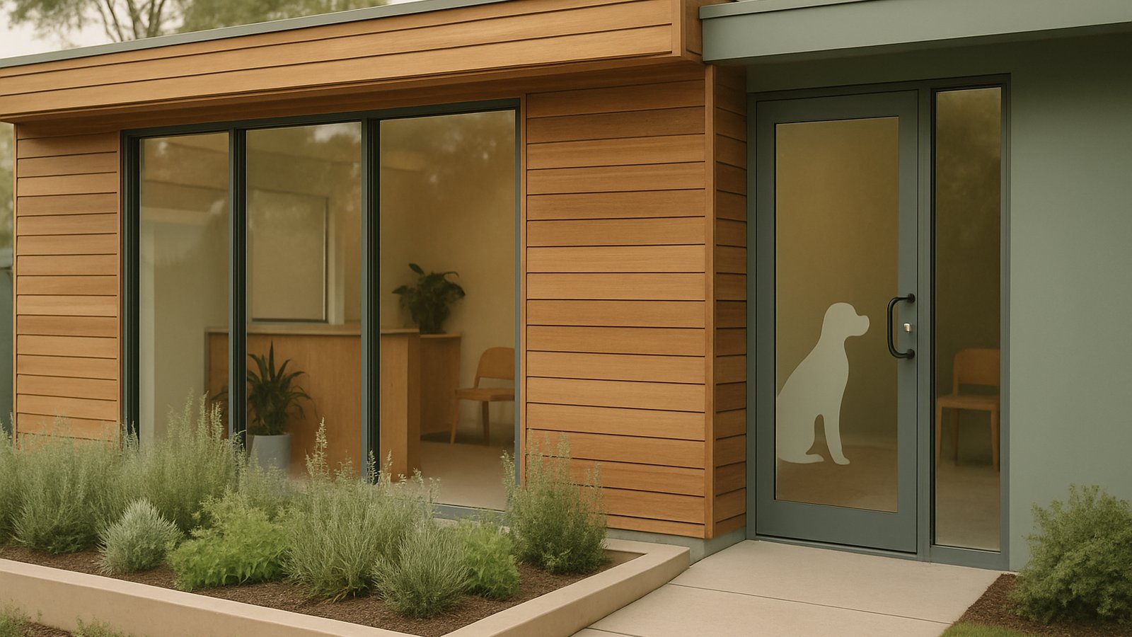 The exterior of a modern small Australian veterinary practice with warm timber cladding and large glass windows