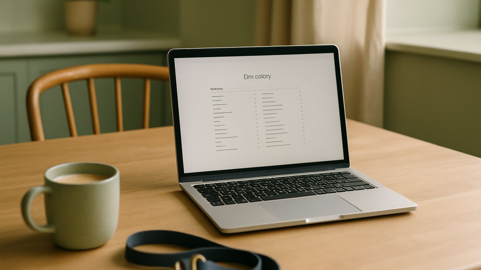 A view from above of a laptop on a kitchen table with a clean directory page open, a leash and a coffee cup in soft focus