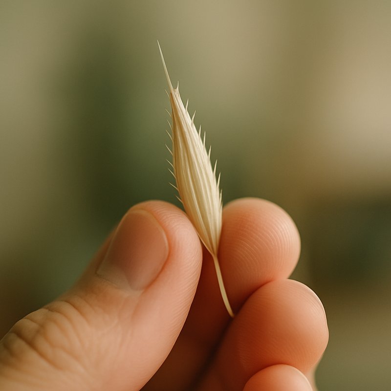 A macro photograph of a single dried barley grass seed held between fingertips