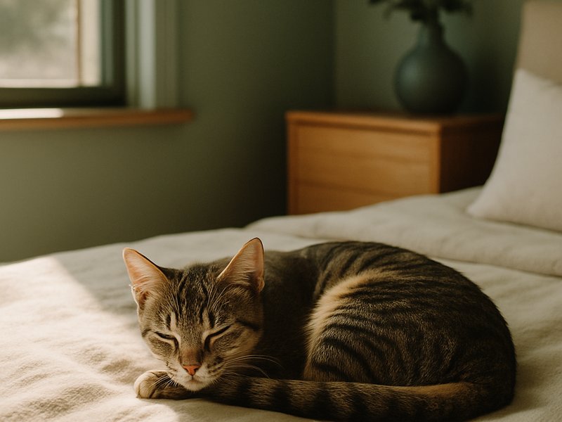 A young tabby cat curled in a sunbeam on a cream blanket