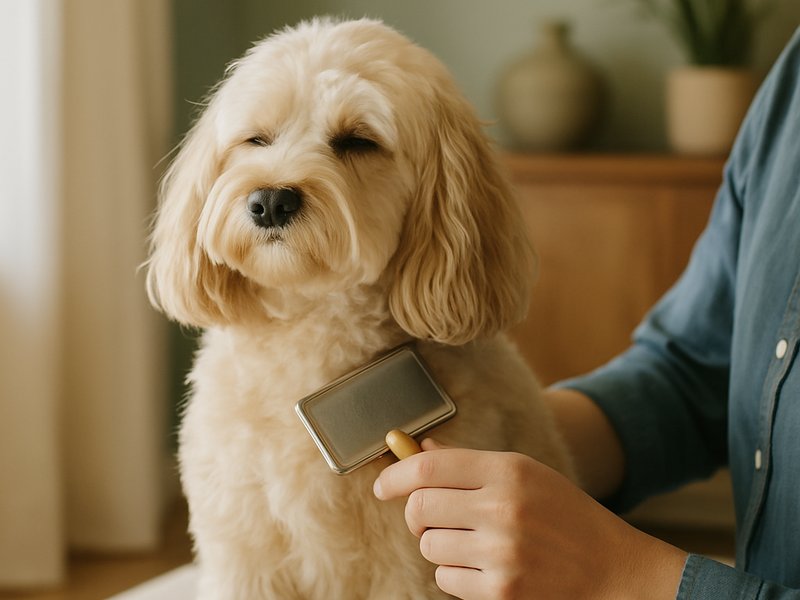 A Cavoodle being gently brushed with a slicker brush