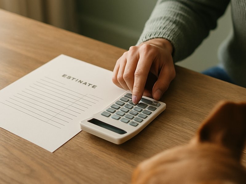 A hand using a calculator beside a printed estimate sheet