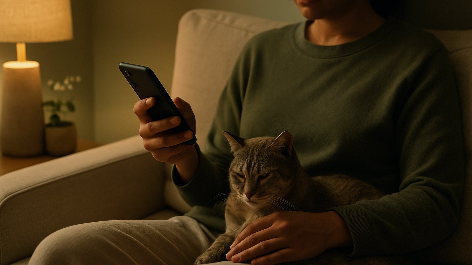 A person on a couch in lamplight reading their phone with a calm cat on their lap