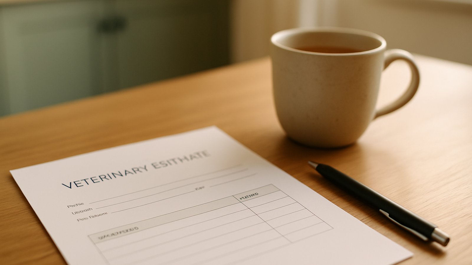 A clean veterinary estimate sheet on a wooden kitchen table beside a pen and a mug of tea