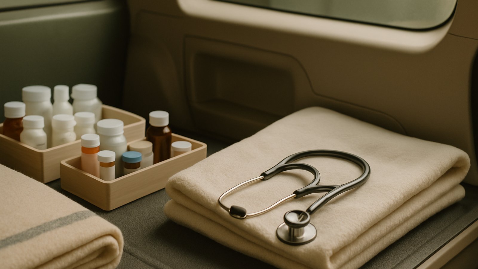 Inside a vehicle: organised trays of medications, a stethoscope on a folded white towel