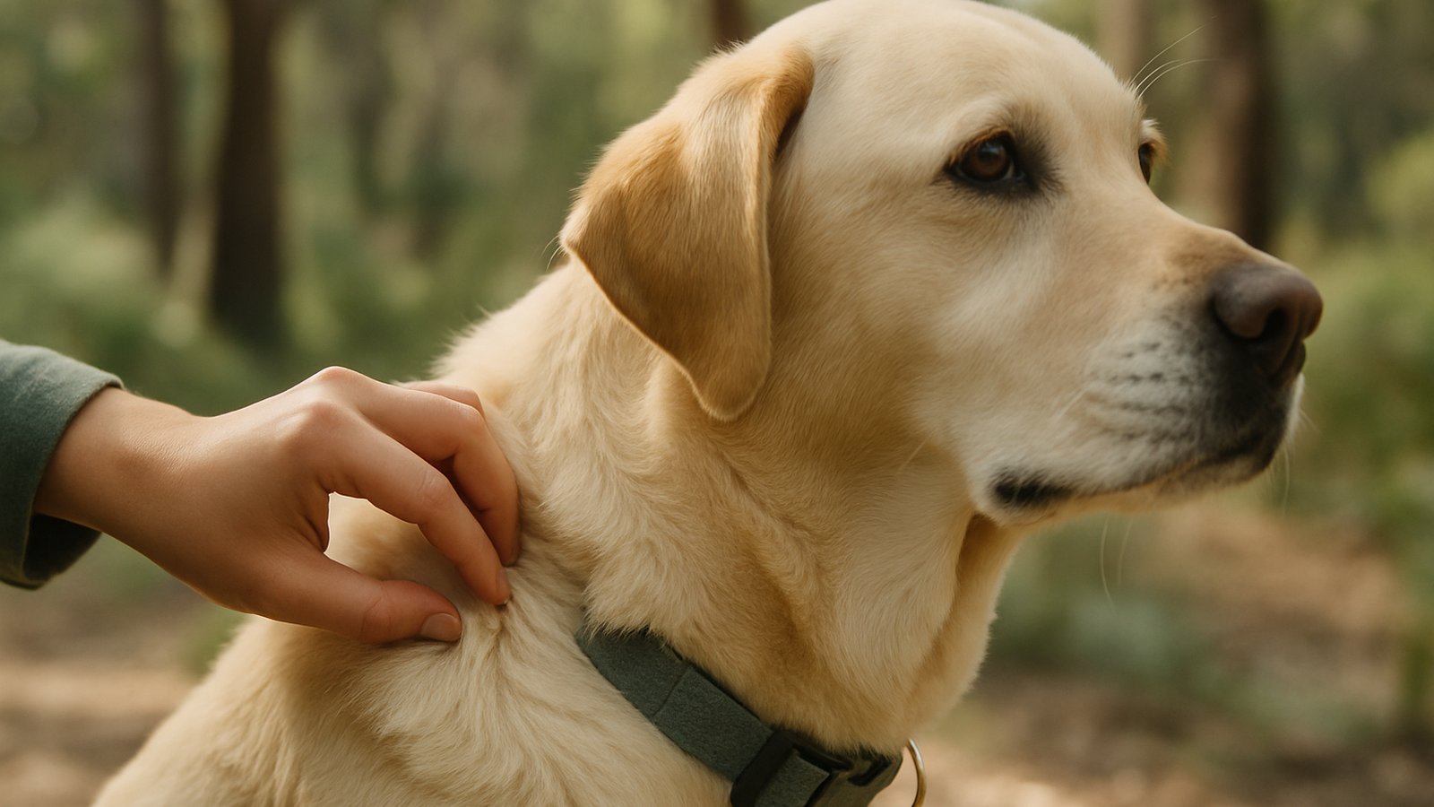 A hand parting the fur on a dog's neck checking for ticks in dappled bushland light
