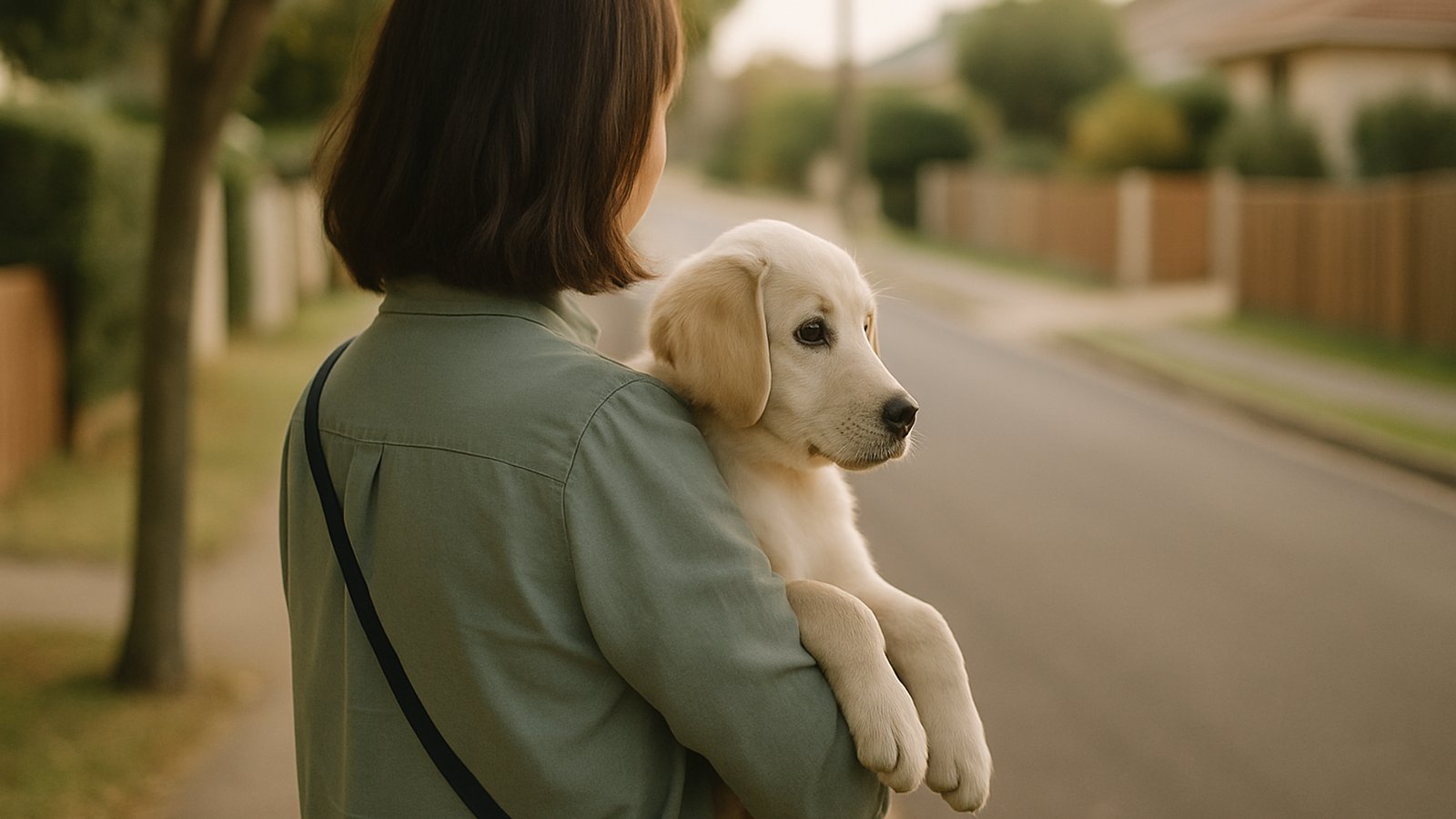 A young puppy being gently carried in a person's arms down a quiet suburban street