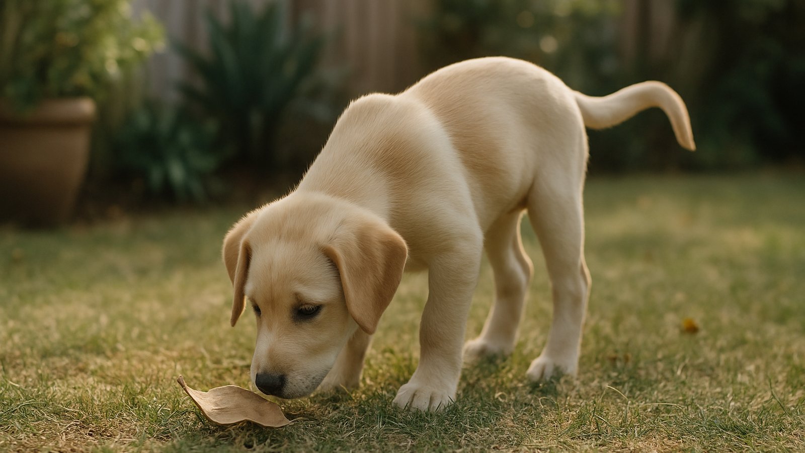 A curious 12-week puppy in a backyard garden sniffing a fallen leaf