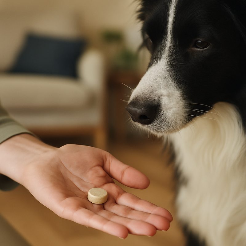 A vet's hands gently giving a chewable wormer to a calm Labrador on a wooden bench